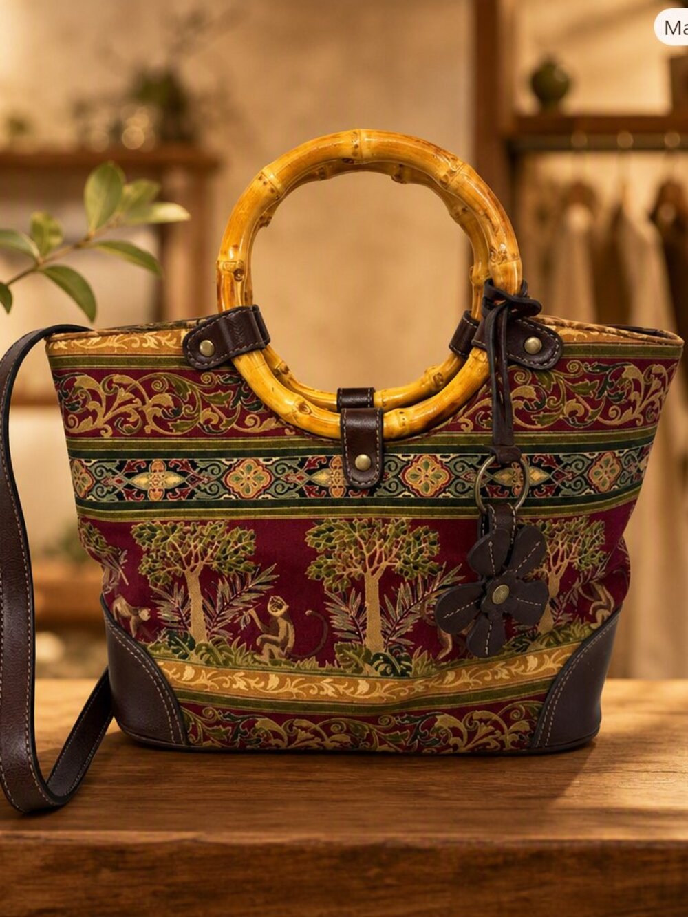 Relic Tapestry & Leather Bamboo Handle Tote Bag